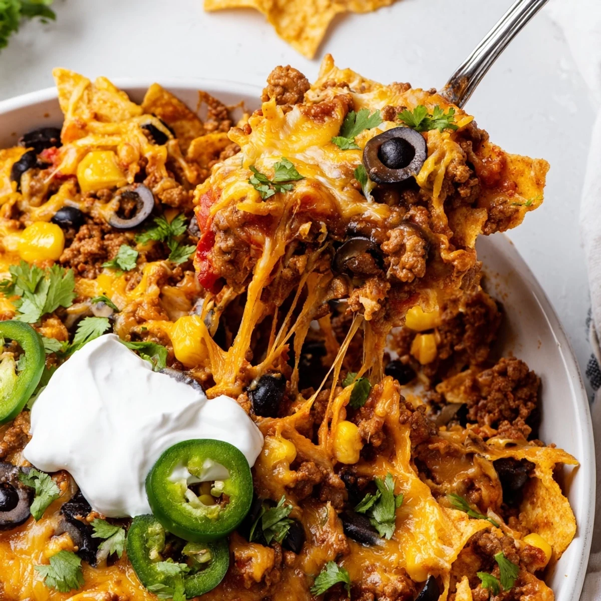 Warm Cheesy Nacho Casserole topped with sour cream, cilantro, sliced jalapeños