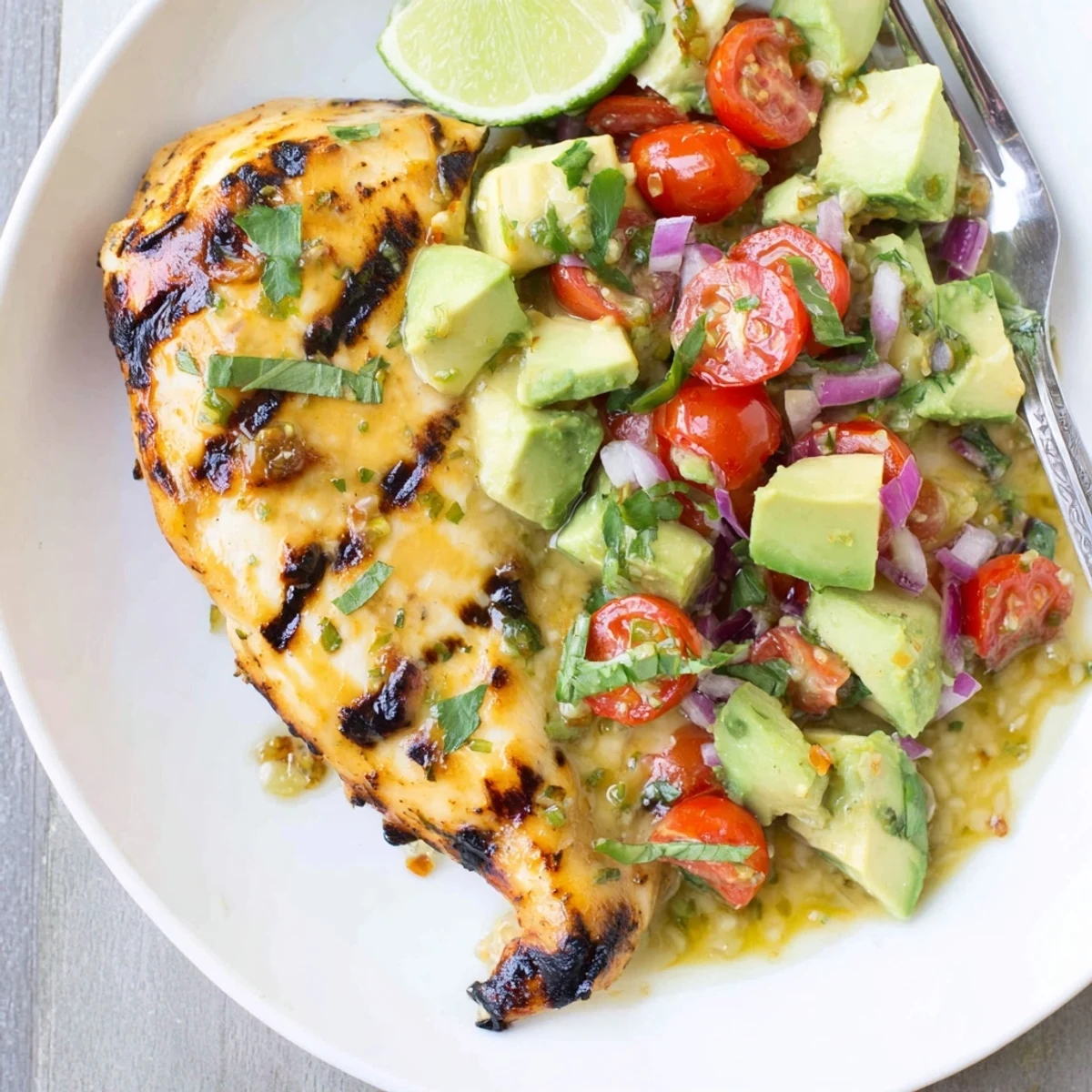 Charred Fiesta Lime Chicken With Avocado served with bright avocado tomato salsa