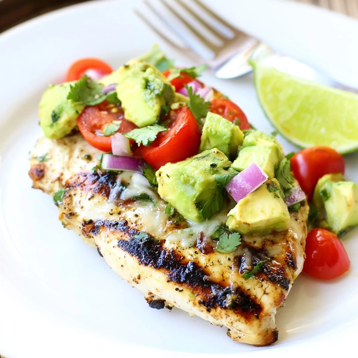 Pan grilled Fiesta Lime Chicken With Avocado garnished with cilantro and lime wedges