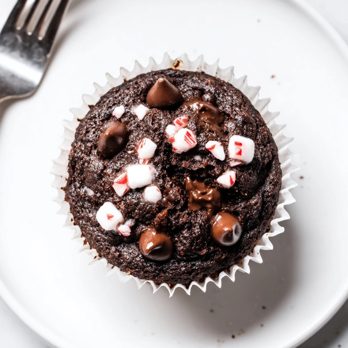 Peppermint Hot Chocolate Muffins with melty chocolate chips and crushed peppermint topping