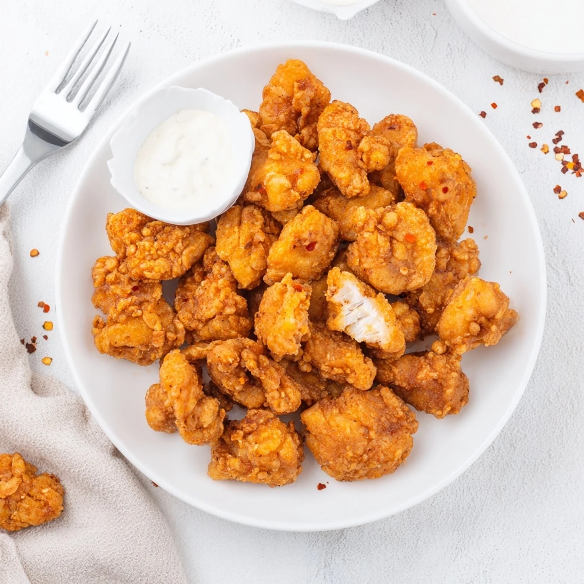 Crispy golden Chicken Bites piled on a napkin, steaming and crunchy.