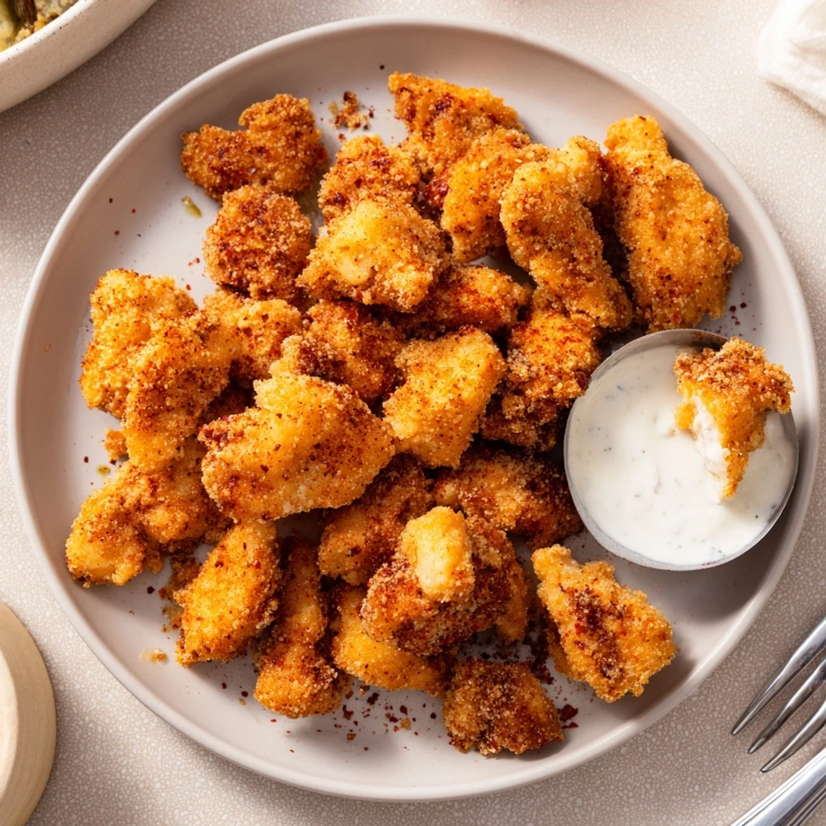 Buttermilk-coated Chicken Bites sizzling in hot oil, ready with tangy ranch.