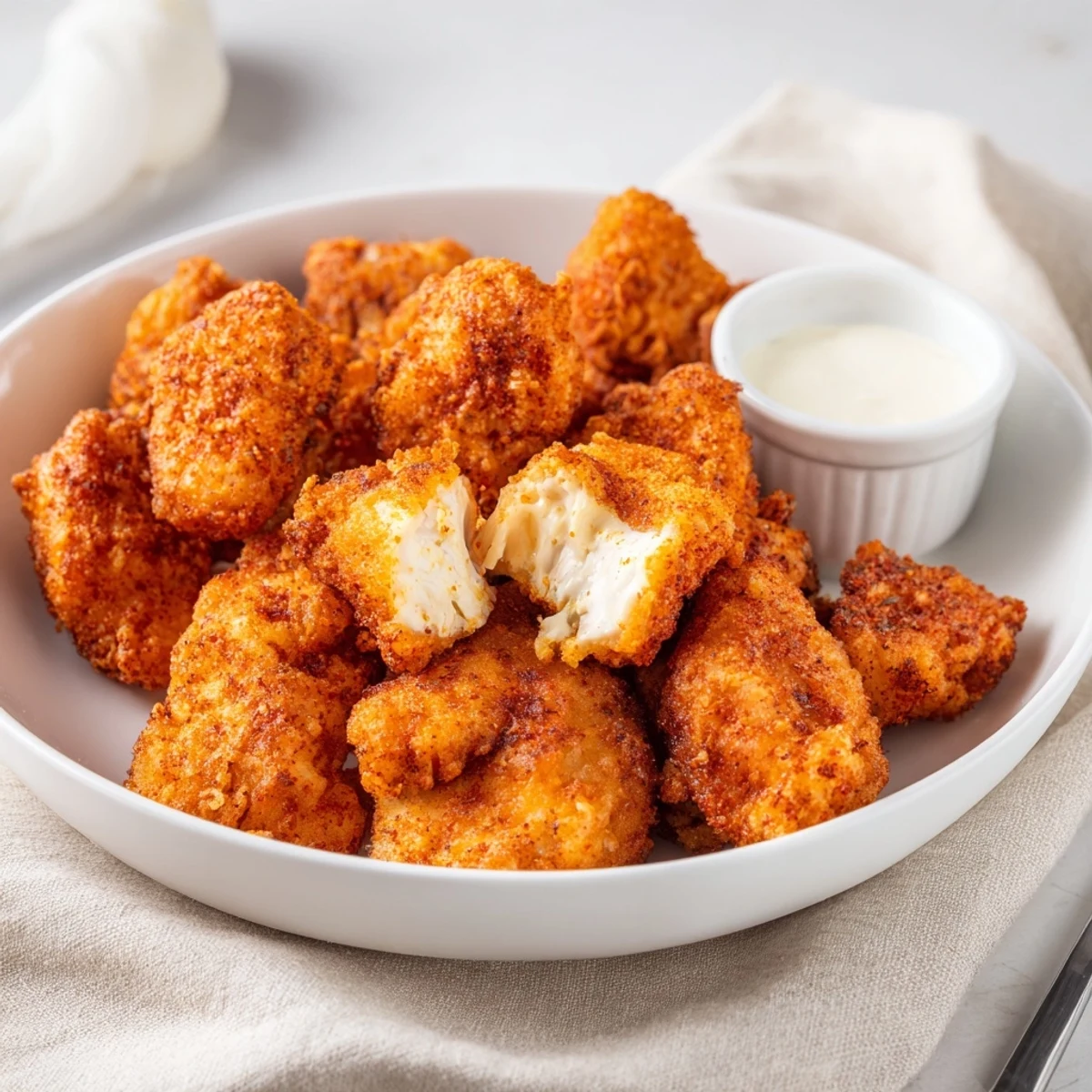 Handheld Chicken Bites glistening with oil, arranged beside honey mustard dip.