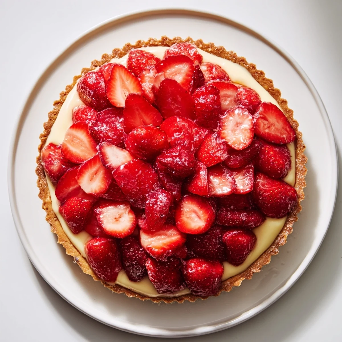 Sliced Tarte aux Fraises on a rustic tart pan, chilled and ready