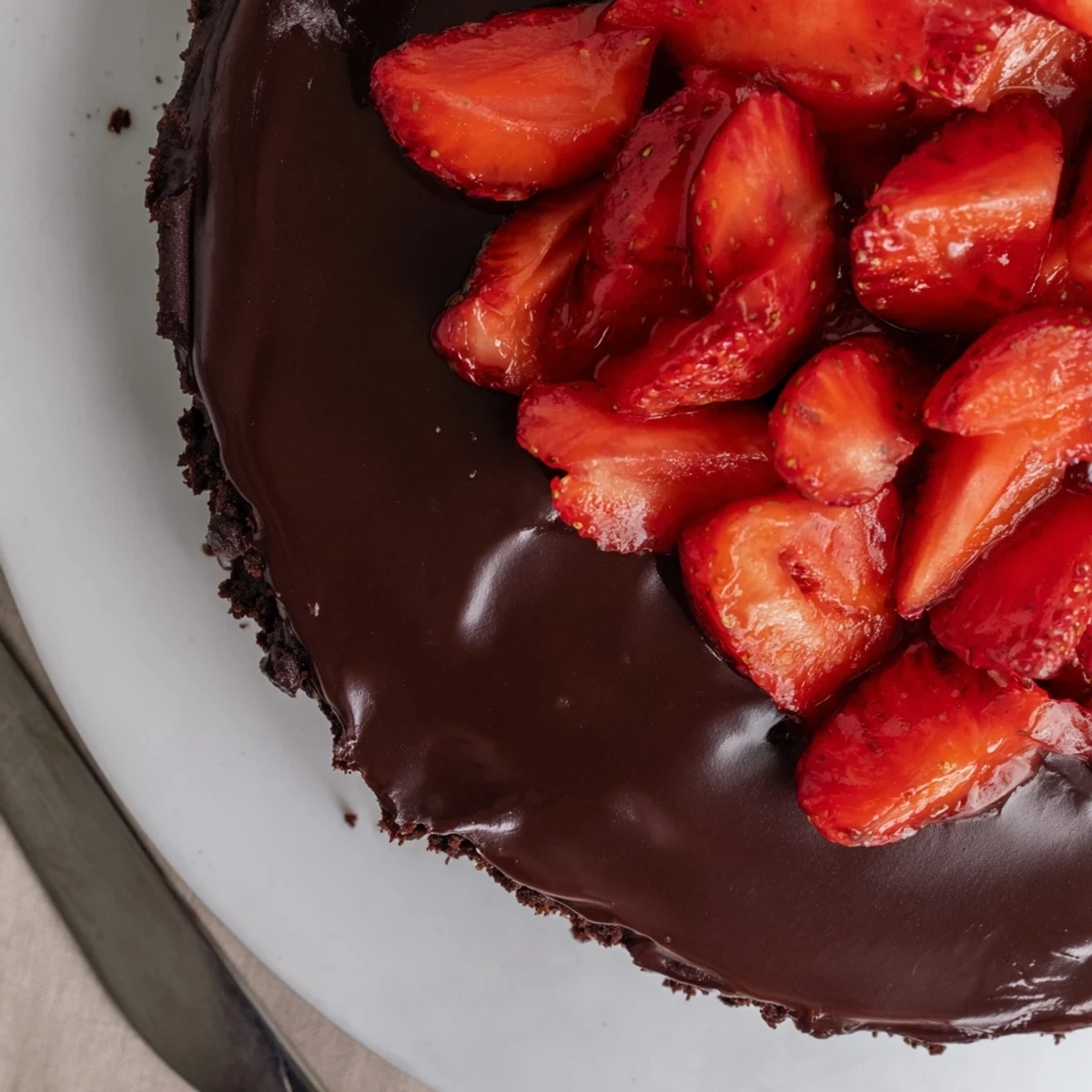 Dark Chocolate Strawberry Tart with glossy ganache and bright halved strawberries
