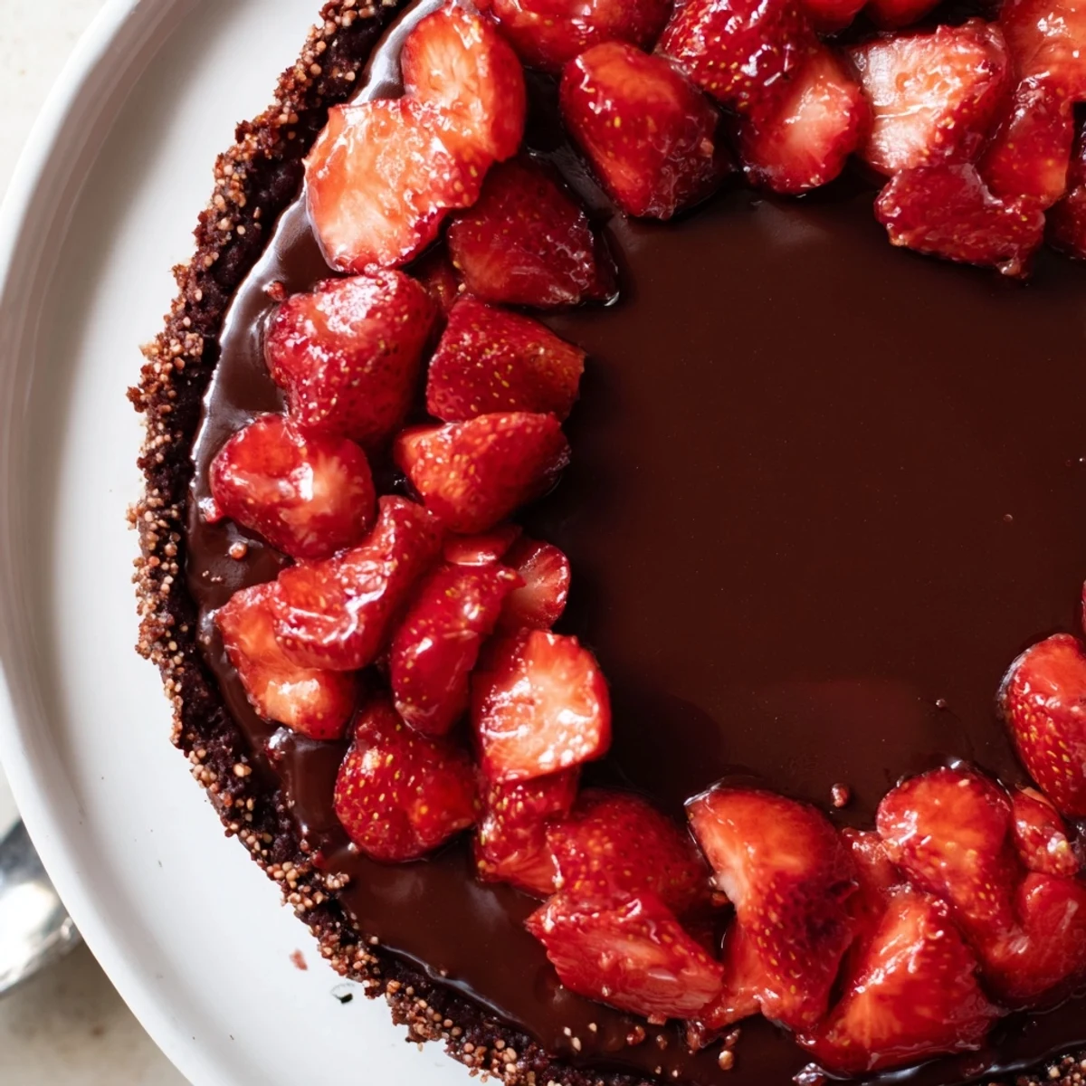 Sliced Dark Chocolate Strawberry Tart chilled on plate, almond crumbs and fork