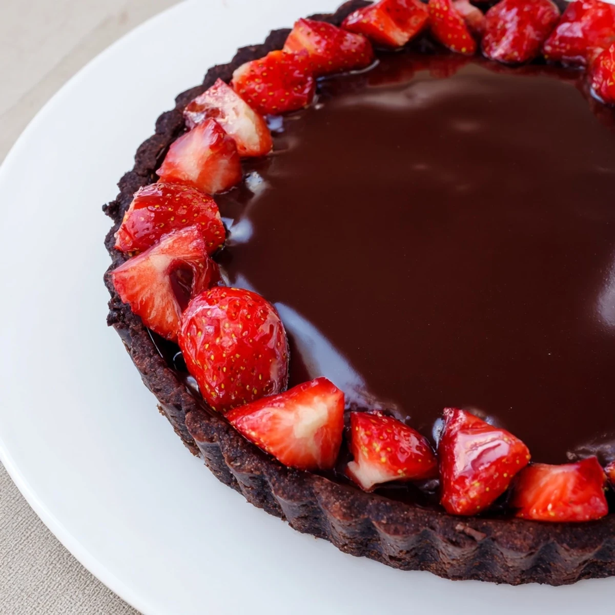 Buttery-crisp Dark Chocolate Strawberry Tart topped with glossy strawberries, ready to serve