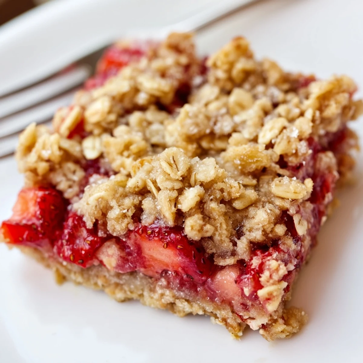 Single square Strawberry Oatmeal Crumble Bars Recipe plated with melting vanilla ice cream
