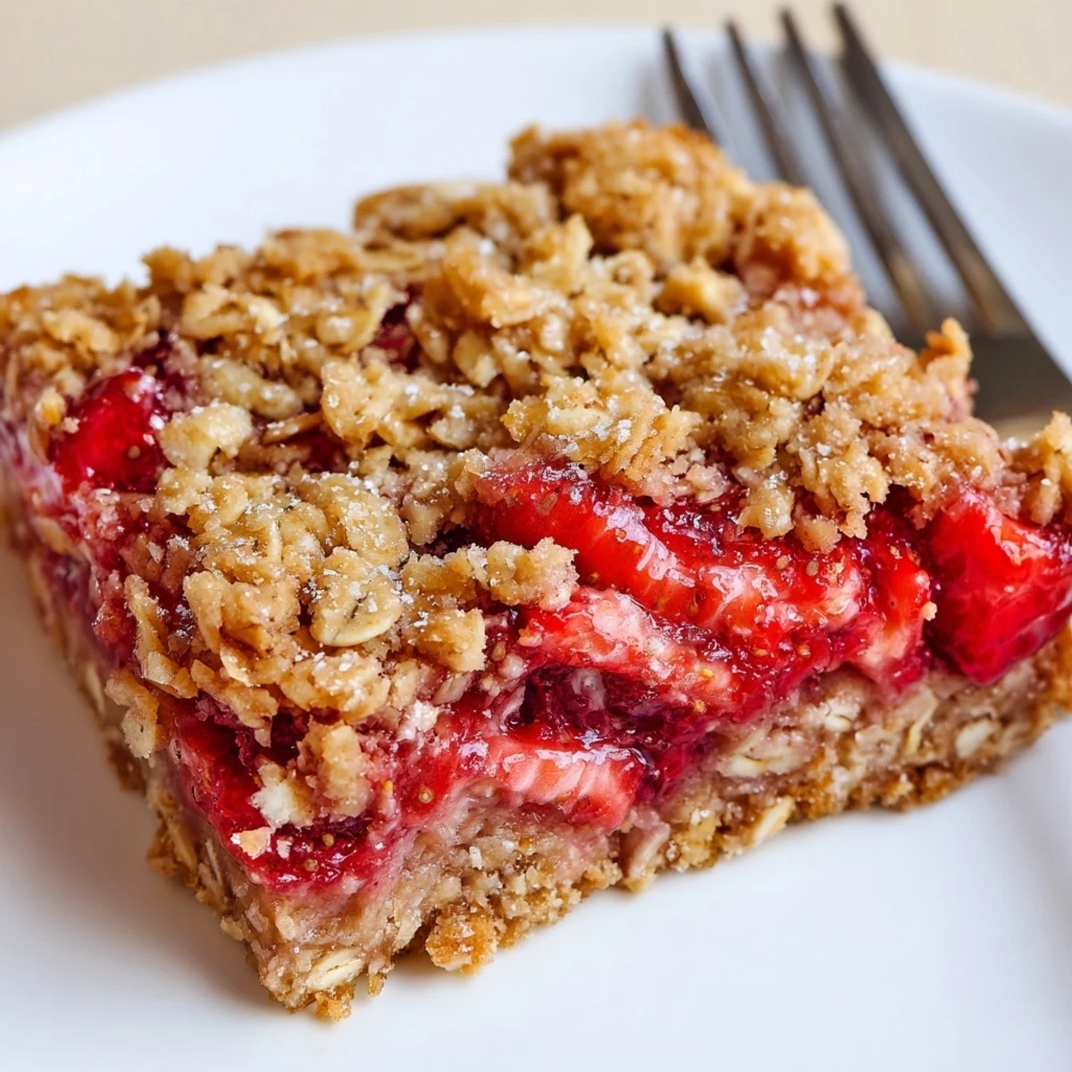 Warm Strawberry Oatmeal Crumble Bars Recipe cooling on parchment, golden oat topping
