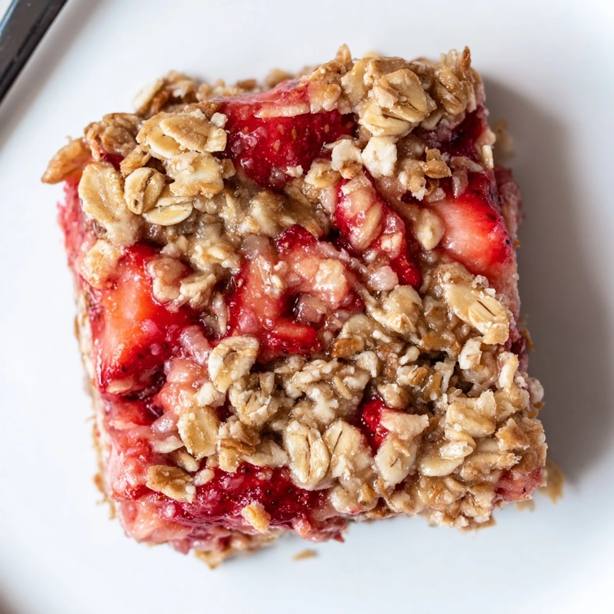 Rustic pan of Strawberry Oatmeal Crumble Bars Recipe bubbling strawberry layer, crunchy crumble