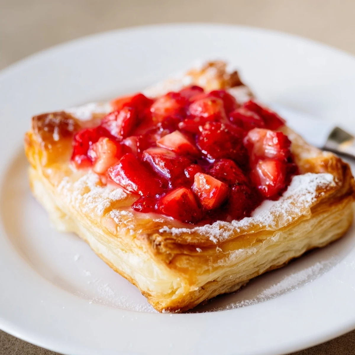 Warm Strawberry Danish recipe with flaky golden pastry, cream cheese, juicy strawberries.