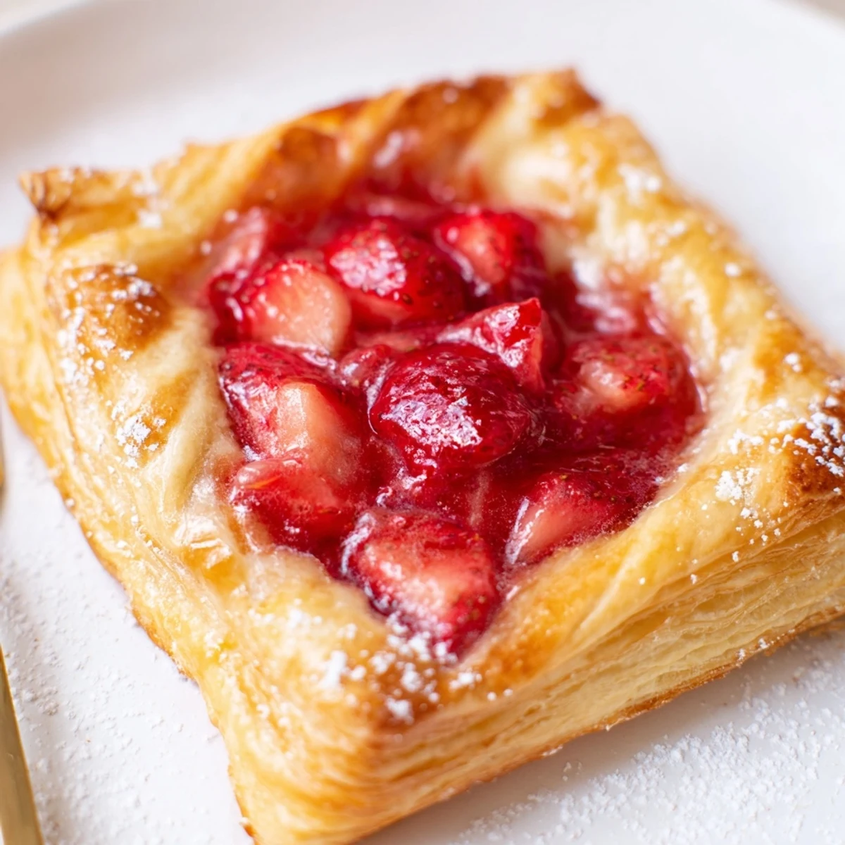 Baked Strawberry Danish recipe on parchment, steaming, topped with glossy vanilla glaze.