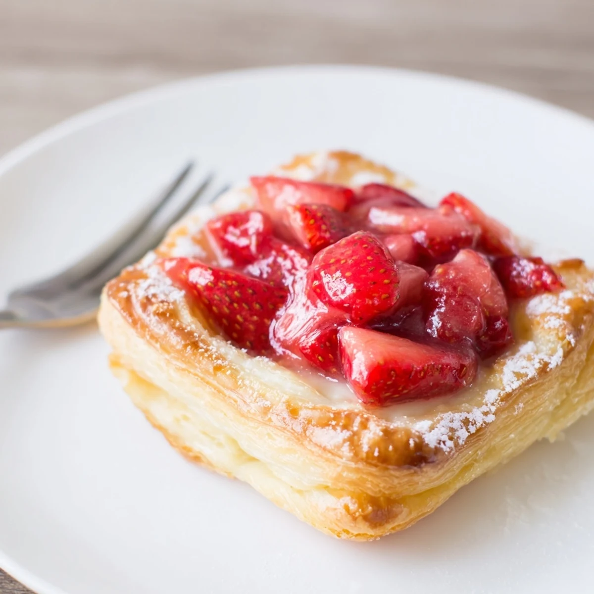 Handheld Strawberry Danish recipe served warm with a chilled cup of coffee.