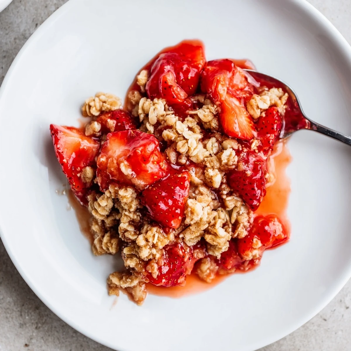 Warm Fresh Strawberry Crisp in baking dish, vanilla ice cream melting.