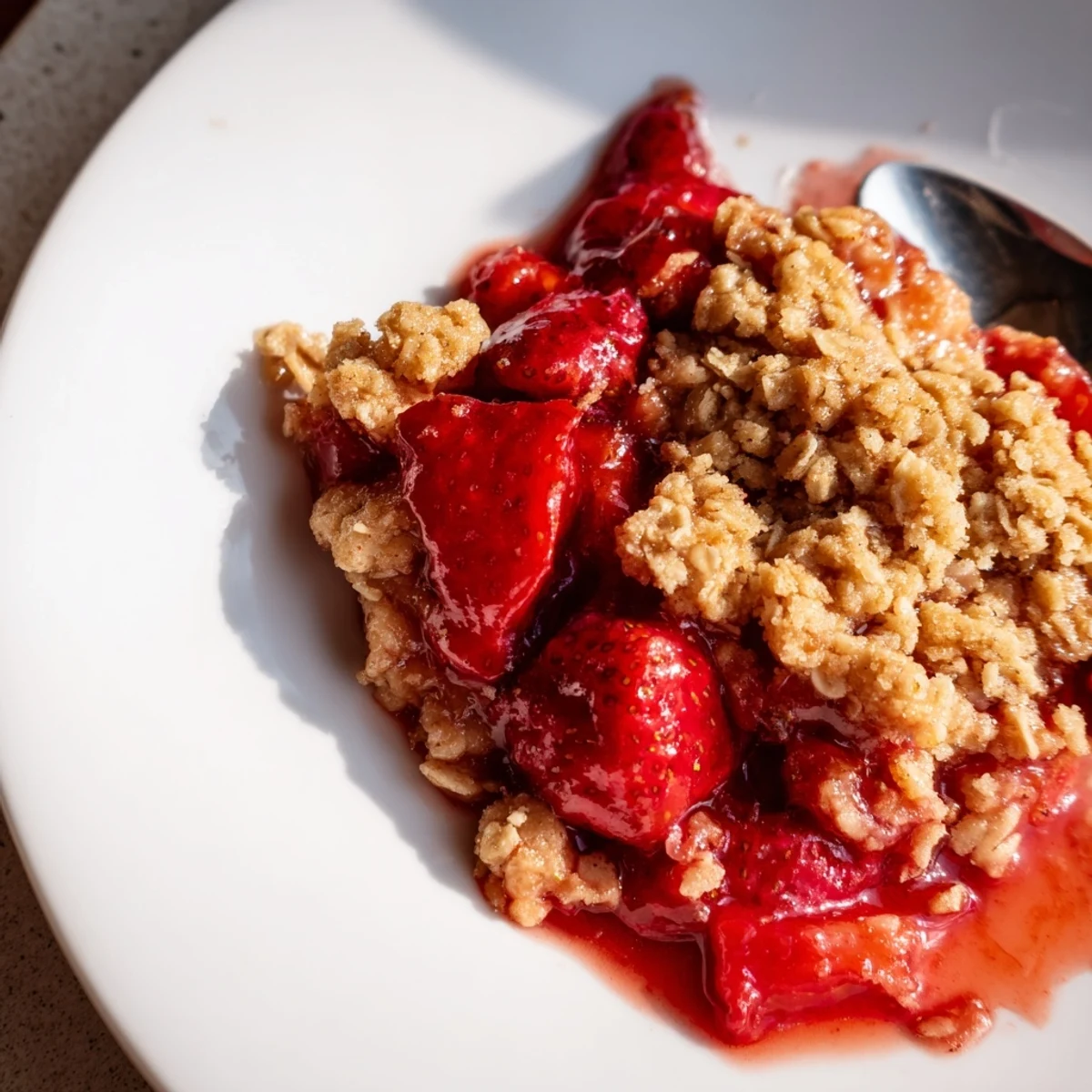 Fresh Strawberry Crisp bubbling with syrup, golden oat topping, served warm.