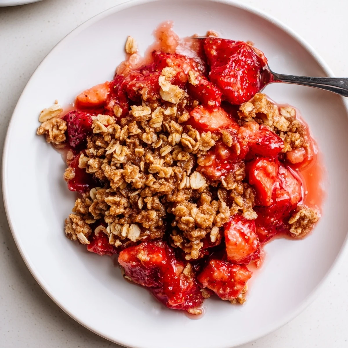 Slice of Fresh Strawberry Crisp topped with whipped cream, juicy berries.
