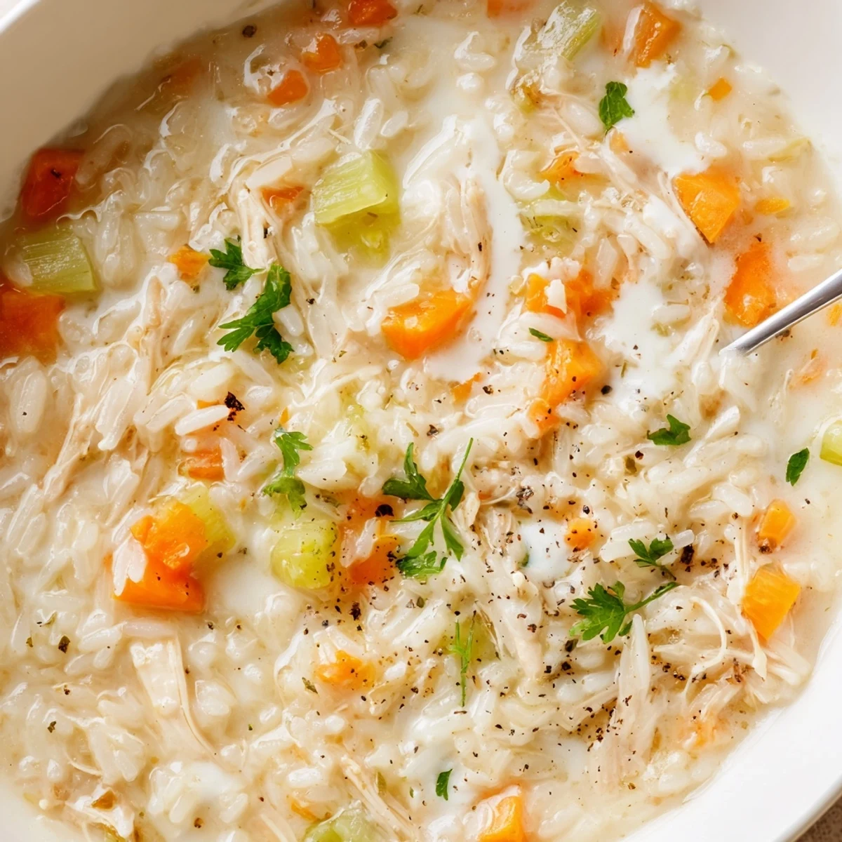 Creamy Chicken Rice Soup steaming in a bowl, tender rice and silky broth.