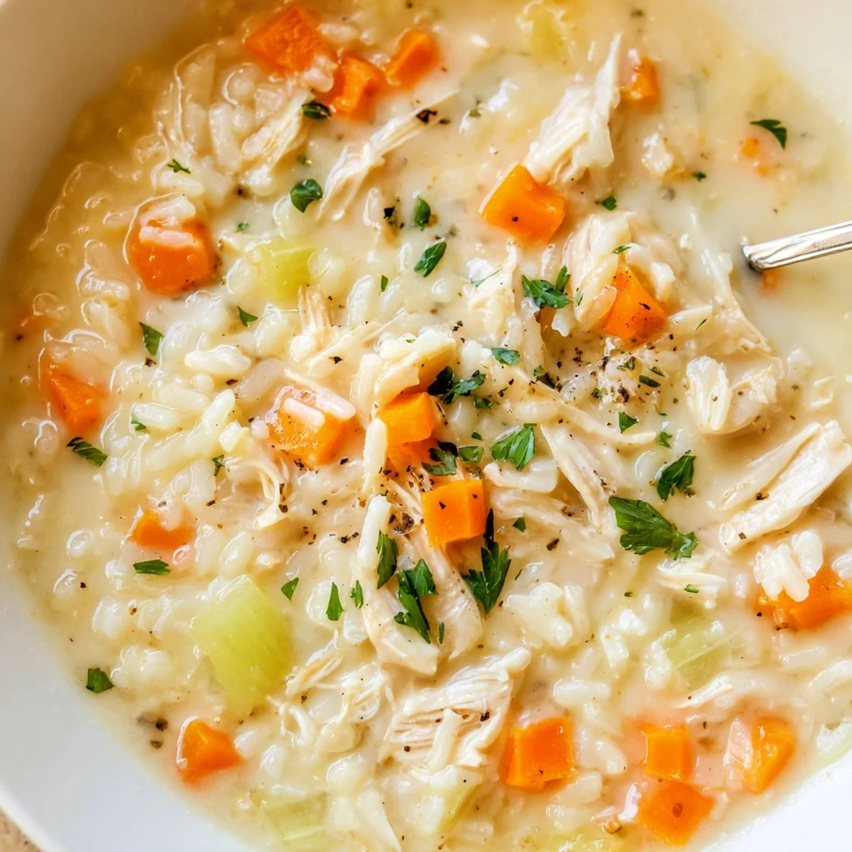 Bowl of Creamy Chicken Rice Soup garnished with parsley, served with crusty bread.