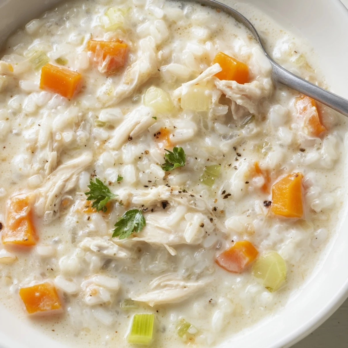 Hearty Creamy Chicken Rice Soup ladled hot, fragrant with thyme and butter.