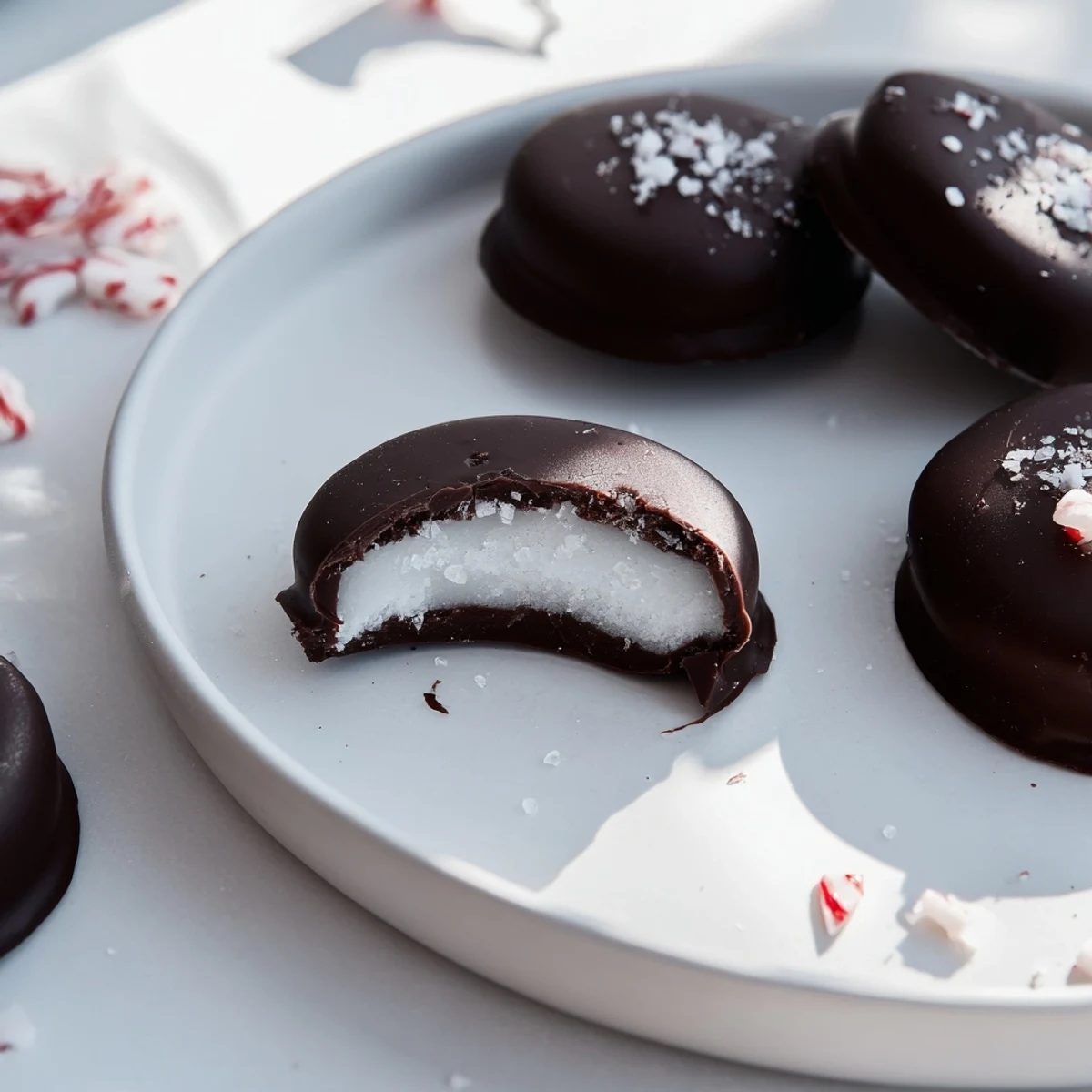 Peppermint Patties glistening with dark chocolate, resting on parchment, cool
