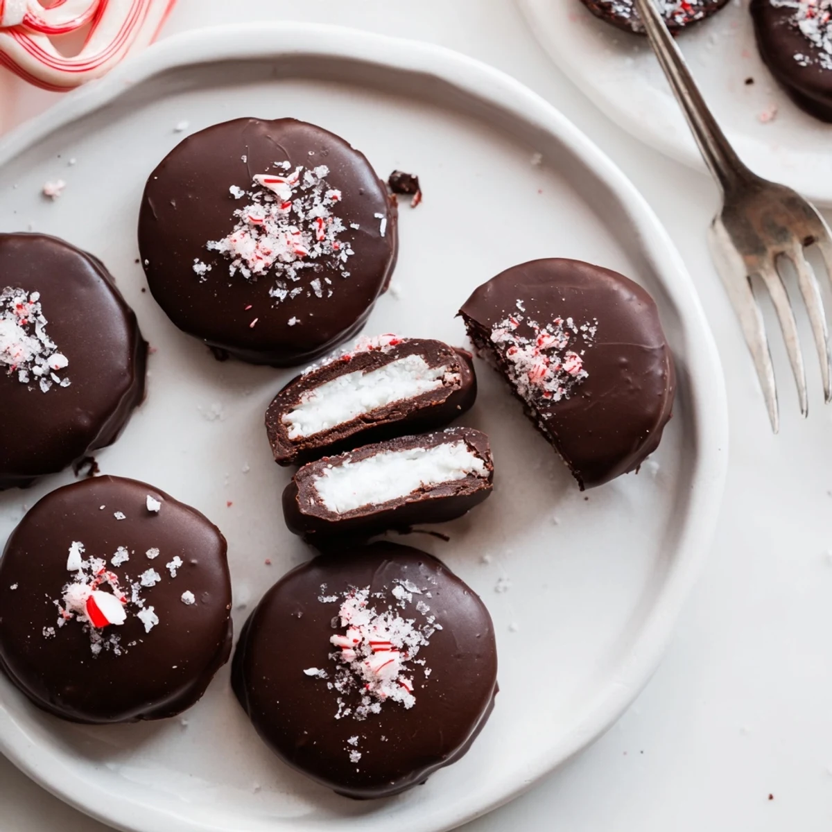 Homemade Peppermint Patties sliced to reveal creamy mint filling, ready to serve