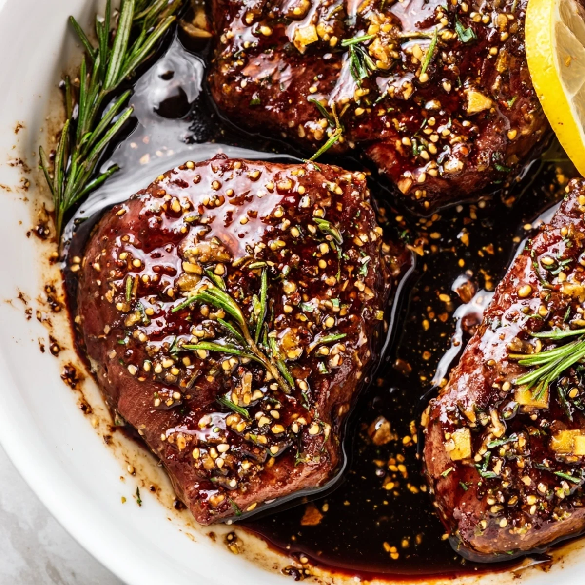 Jar of Steak Marinade beside raw steaks, rosemary flecks and oil sheen