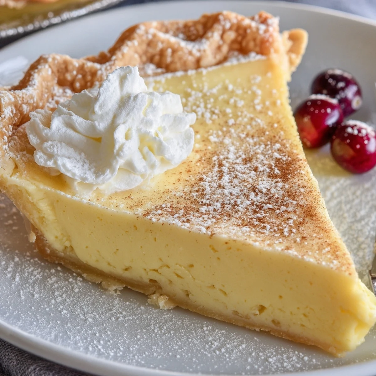 Chilled Christmas Eve Custard Pie With Cinnamon Vanilla topped with whipped cream