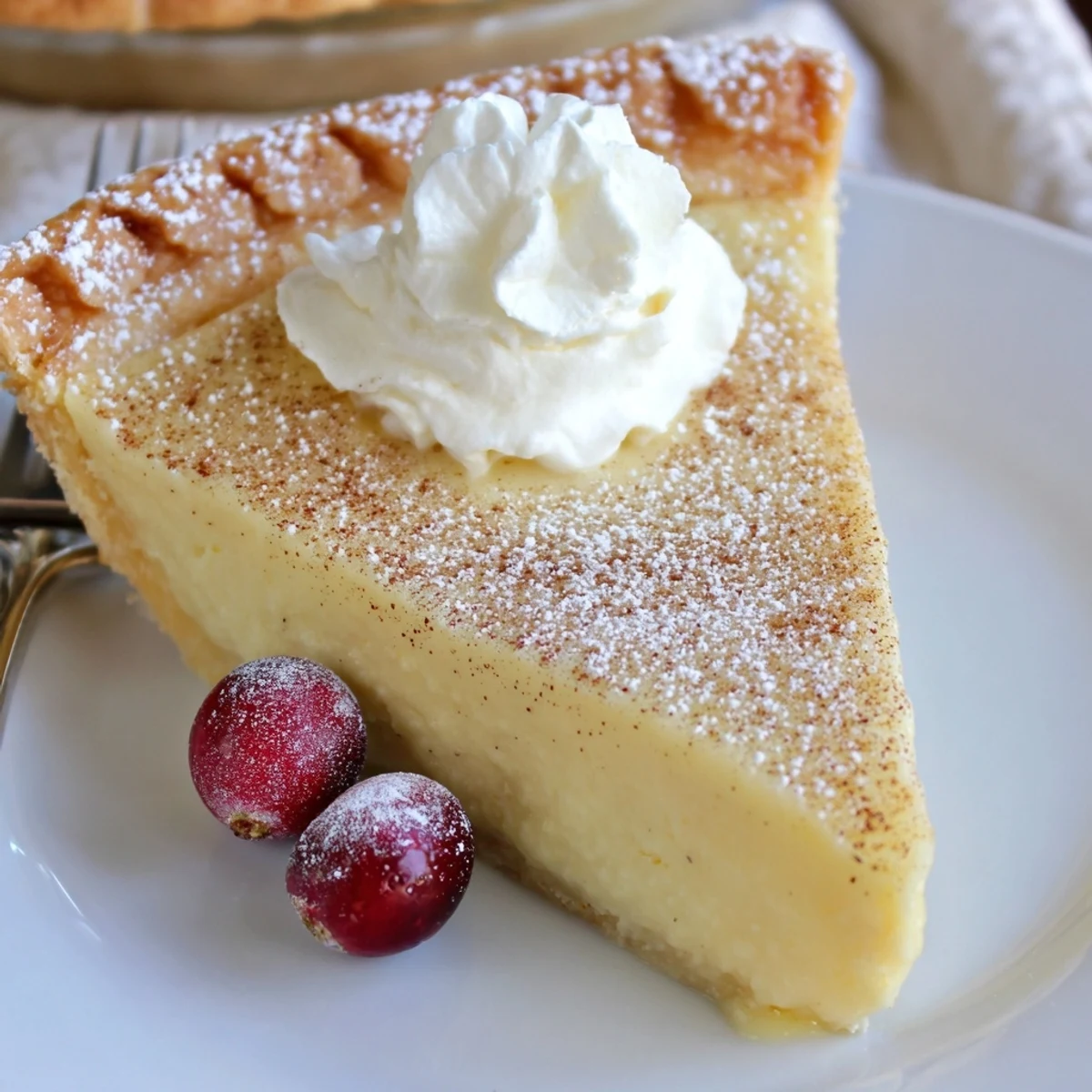 Slice of Christmas Eve Custard Pie With Cinnamon Vanilla, dusted with powdered sugar  