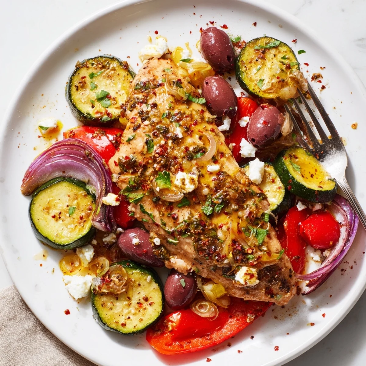 Sheet Pan Mediterranean Chicken Zucchini roasted golden with blistered tomatoes and olives