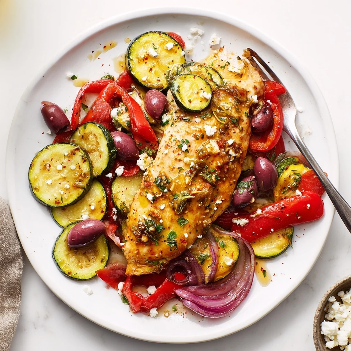 Lemon-kissed chicken and zucchini in Sheet Pan Mediterranean Chicken Zucchini ready to serve