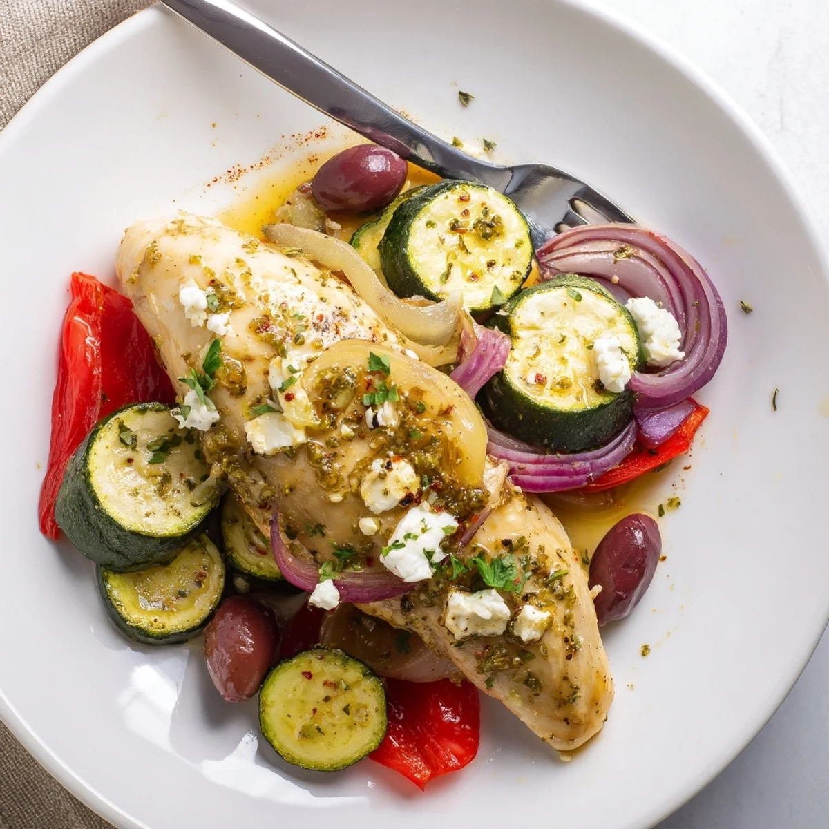 Warm Sheet Pan Mediterranean Chicken Zucchini topped with crumbled feta and parsley