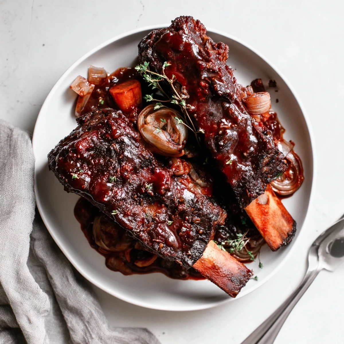 Slow Cooker Beef Short Ribs nestled on creamy polenta, vegetables visible and steaming