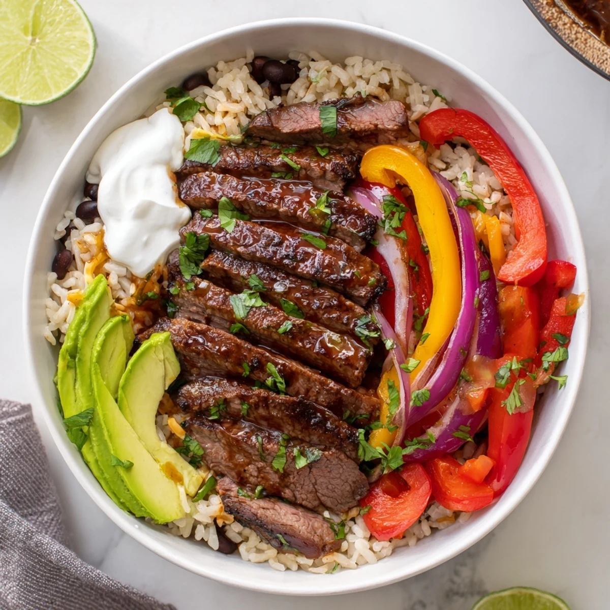 Skillet seared Steak Fajita Power Bowls with charred peppers, creamy avocado, lime wedge.
