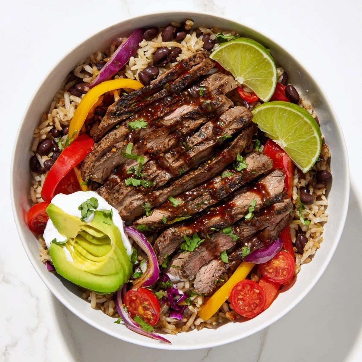 Meal prep Steak Fajita Power Bowls served warm with melted cheese and salsa.