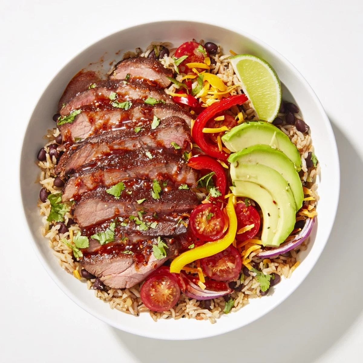 Marinated Steak Fajita Power Bowls layered over brown rice, black beans, cilantro.