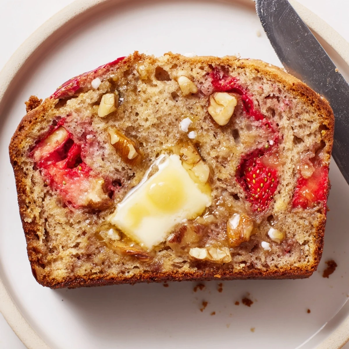 Warm Strawberry Banana Bread Recipe cooling on rack, steamy slices with butter