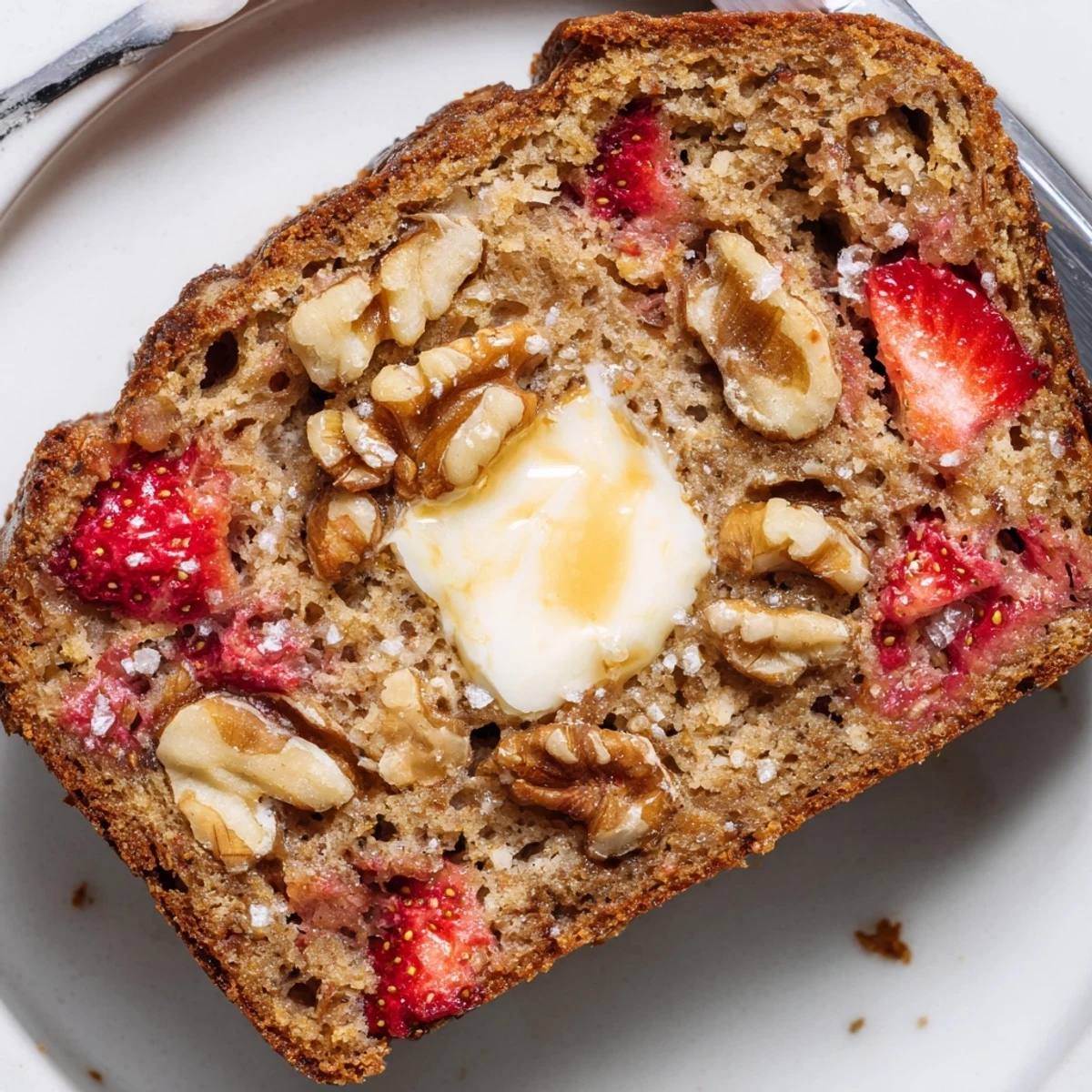Moist Strawberry Banana Bread Recipe loaf sliced, berries peeking, perfect breakfast