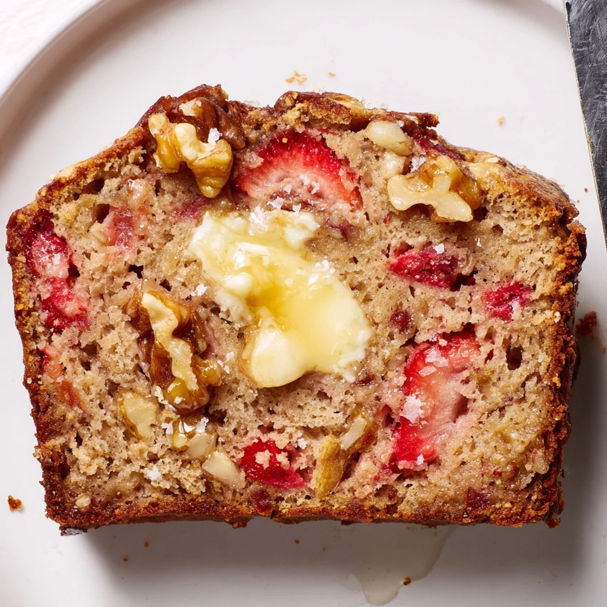 Golden crusted Strawberry Banana Bread Recipe served warm with honey drizzle and nuts