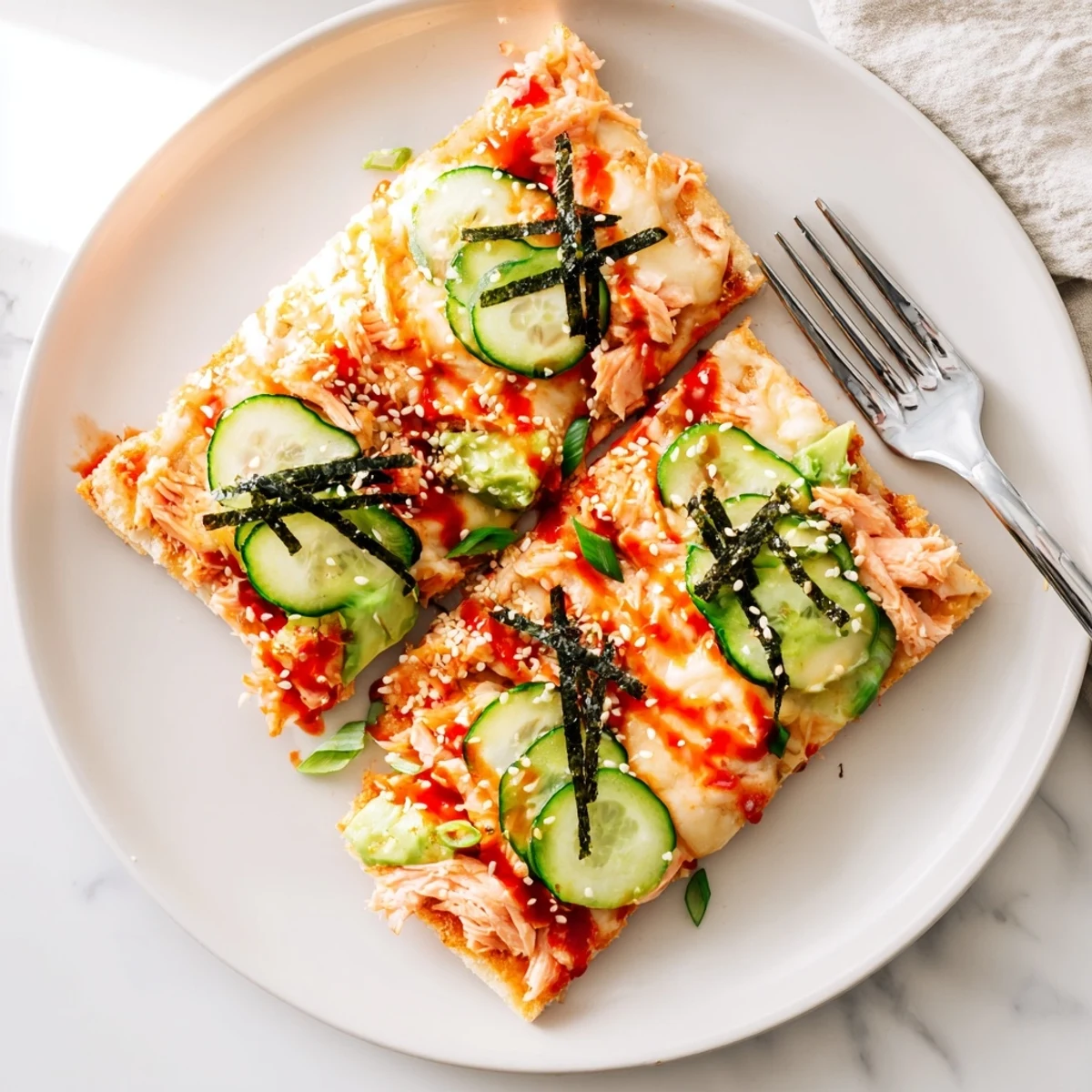 Crispy flatbread layered with creamy salmon rice mixture bubbling with melted mozzarella cheese