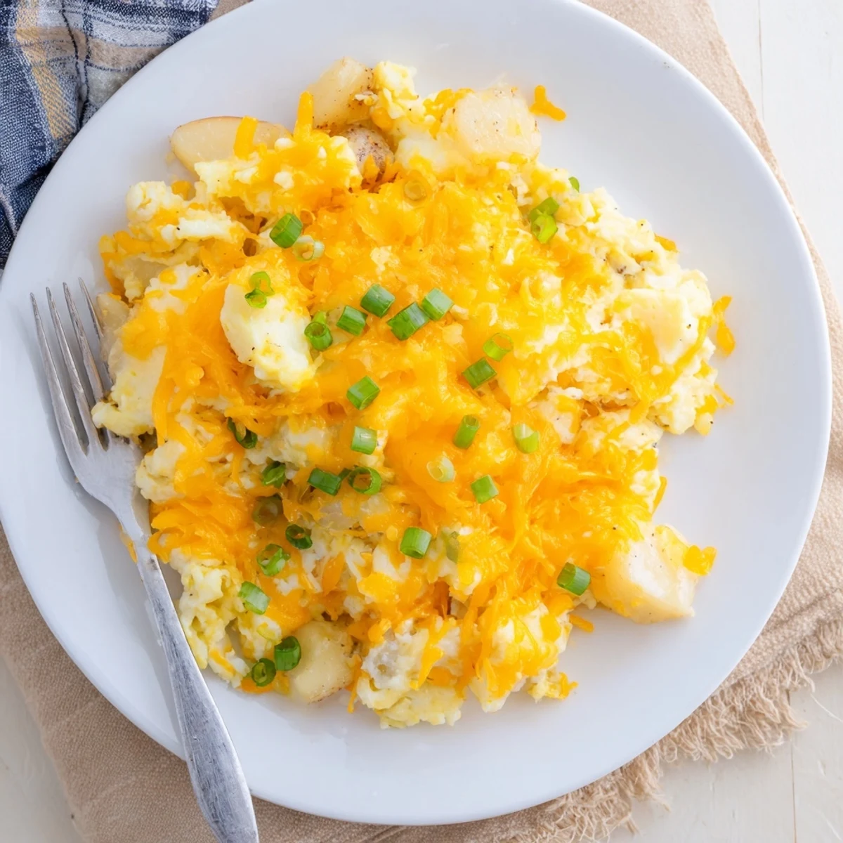 Comforting American cheesy potato egg scramble garnished with fresh chives on a white plate