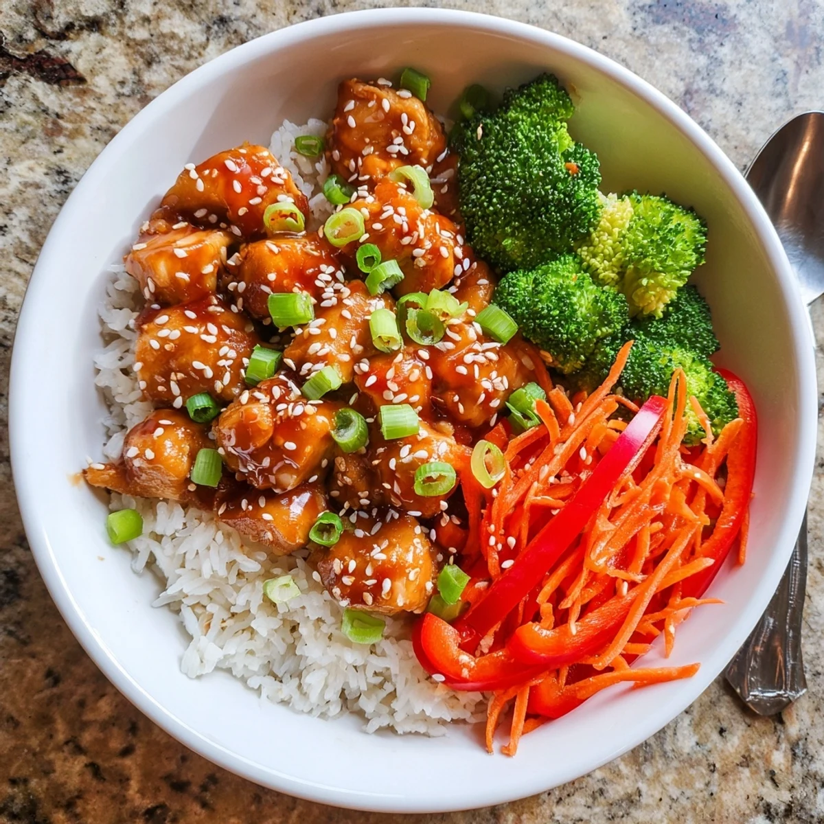 Golden orange glazed chicken rice bowl topped with colorful fresh vegetables and sesame seeds