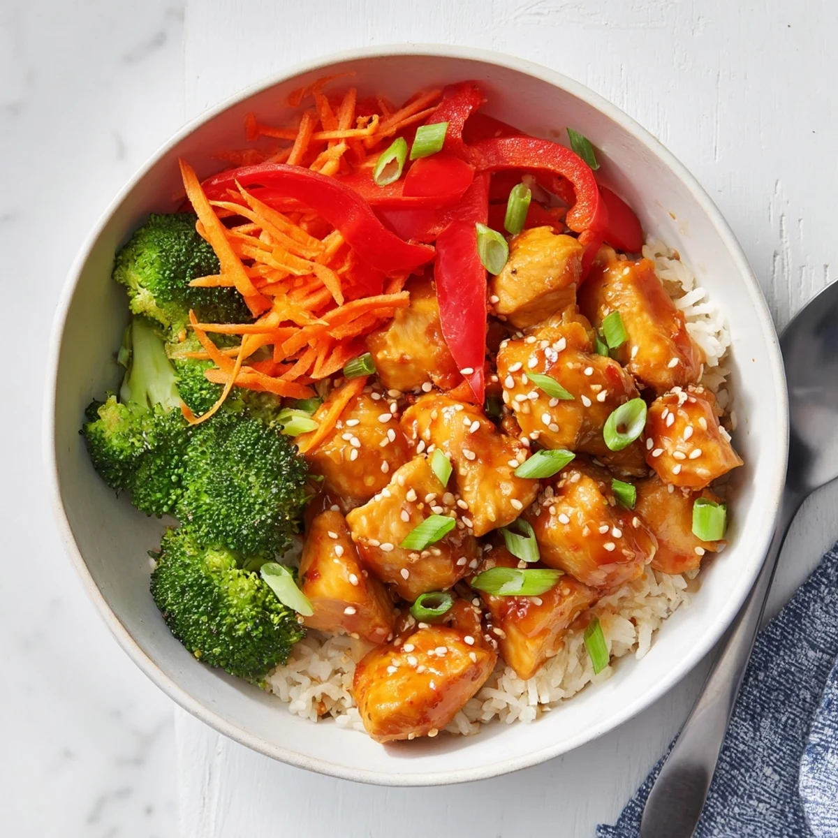 Vibrant Asian-inspired bowl featuring tender glazed chicken over steamed rice with broccoli and carrots