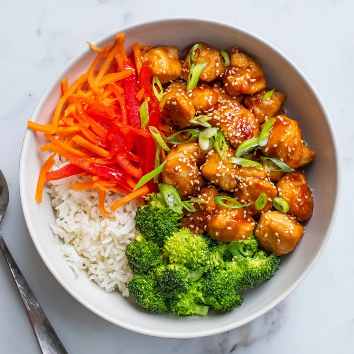 Savory orange glazed chicken served over fluffy jasmine rice with crisp bell pepper and green onions