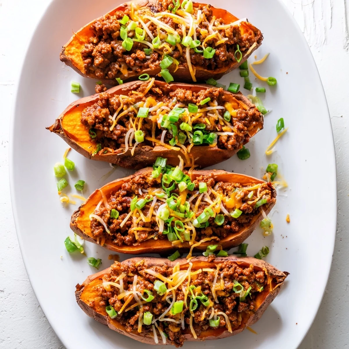 Roasted sweet potato boats overflowing with spicy hot honey ground beef and fresh garnish