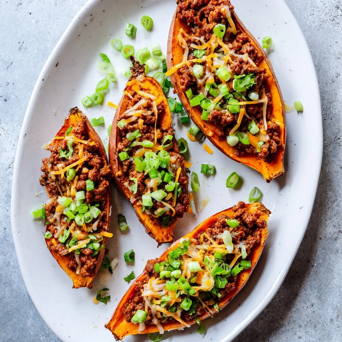 Golden sweet potato halves stuffed with seasoned beef mixture drizzled with sweet hot honey