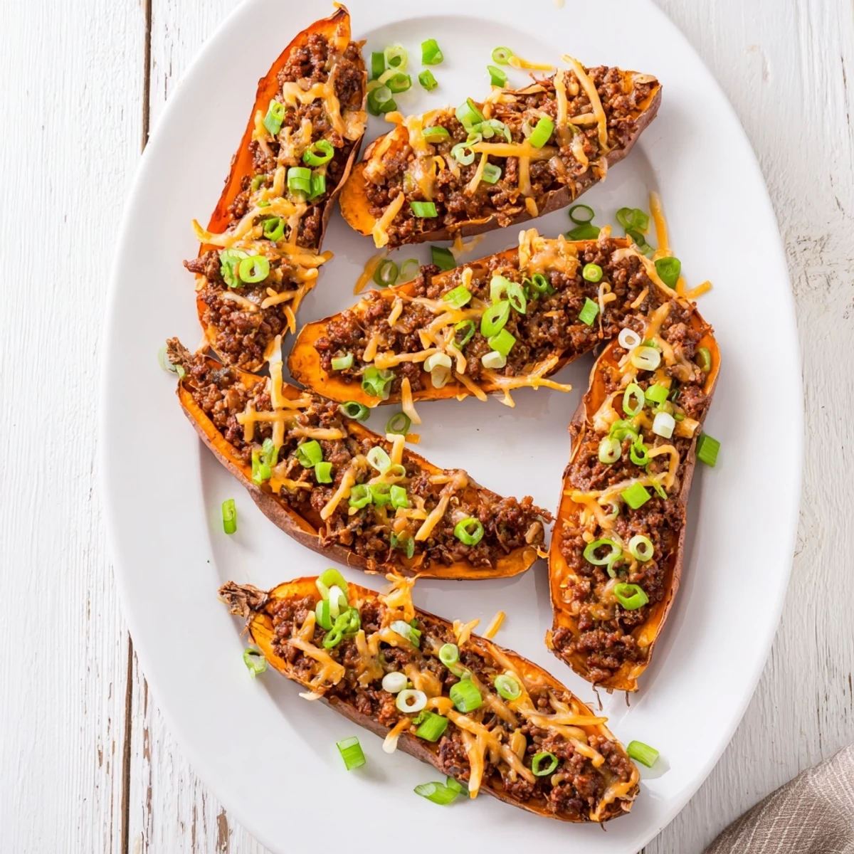 Gluten-free dinner featuring baked sweet potatoes filled with hot honey beef and toppings