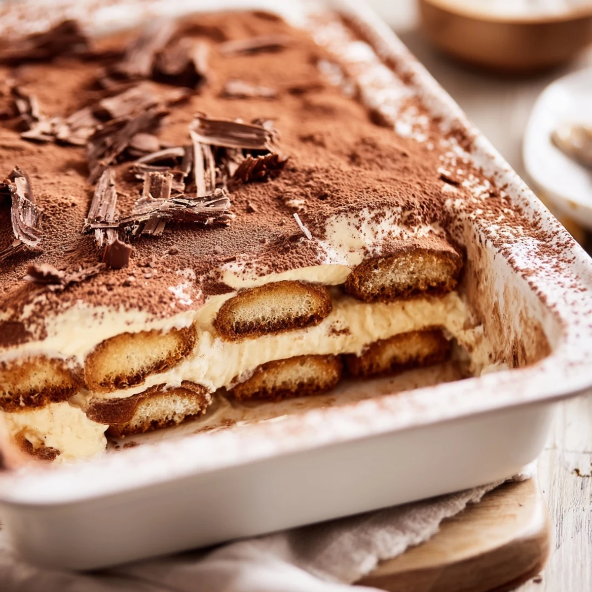 Classic tiramisu recipe featuring espresso-soaked ladyfingers layered between creamy mascarpone and dusted cocoa powder