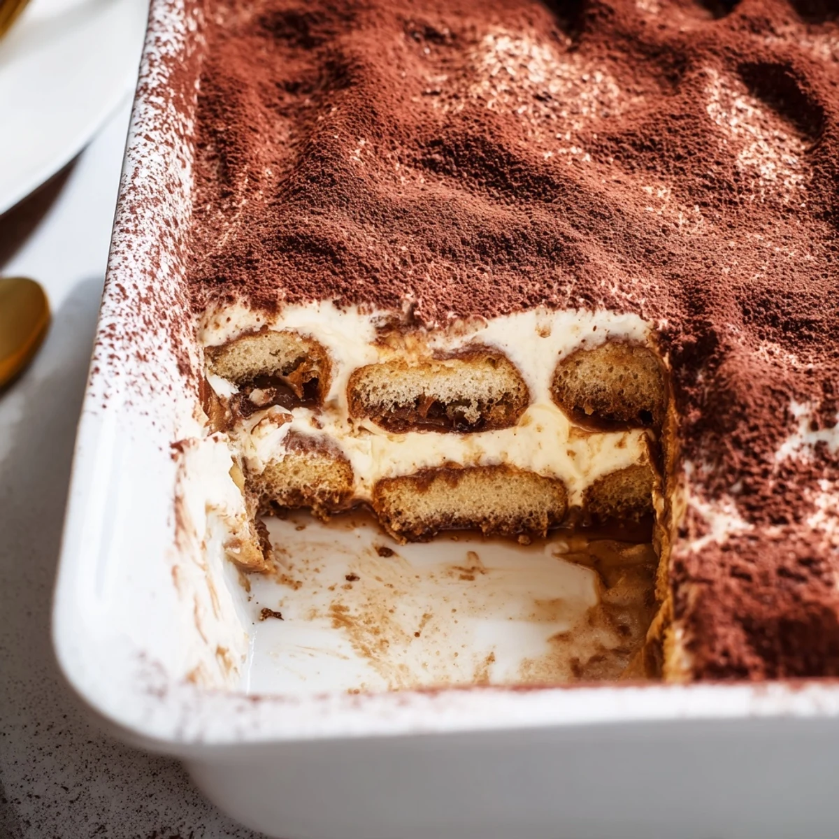 Homemade tiramisu recipe with whipped mascarpone cream, coffee-dipped ladyfingers, and dark chocolate shavings on top