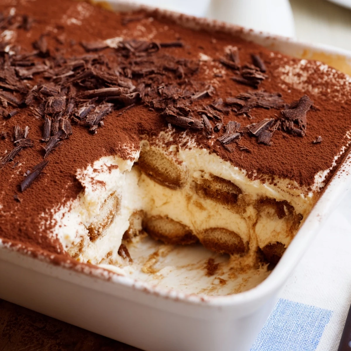 Layered tiramisu recipe showing espresso-dipped ladyfingers beneath smooth mascarpone cream finished with cocoa dusting