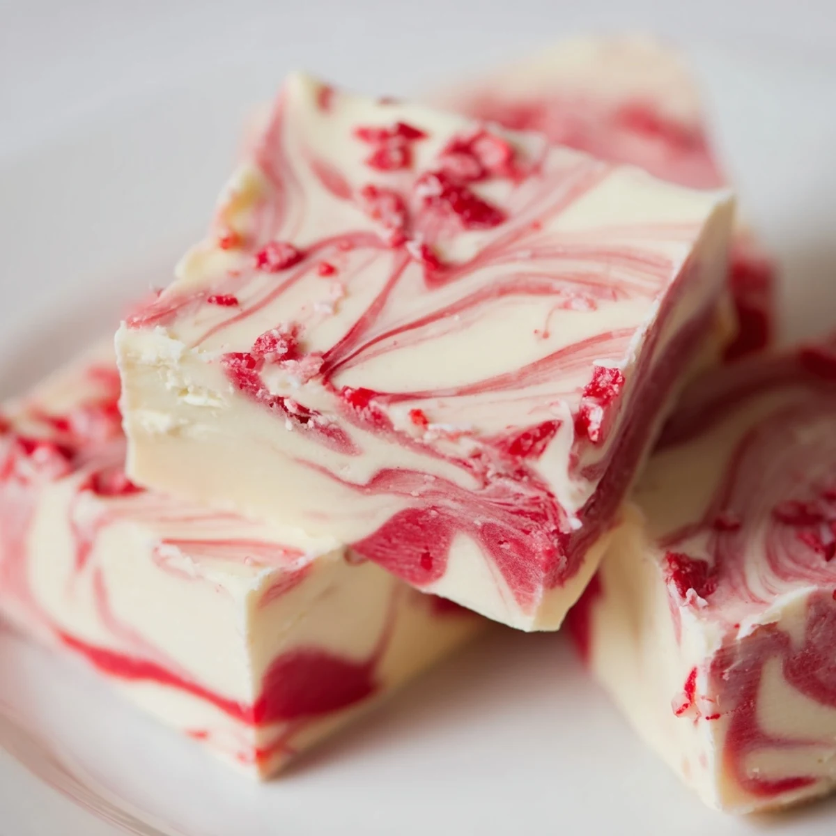 Creamy peppermint swirl fudge with marbled red and white chocolate topped with crushed candy canes on a festive serving platter
